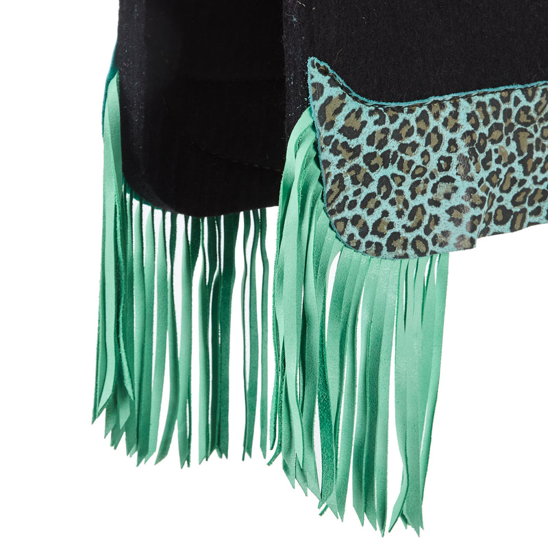 5 Star Equine Products Supplies Inc. 3/4in 30x28 Barrel Racer Black Felt Pad w/ Caribbean Leopard and Mint Fringe
