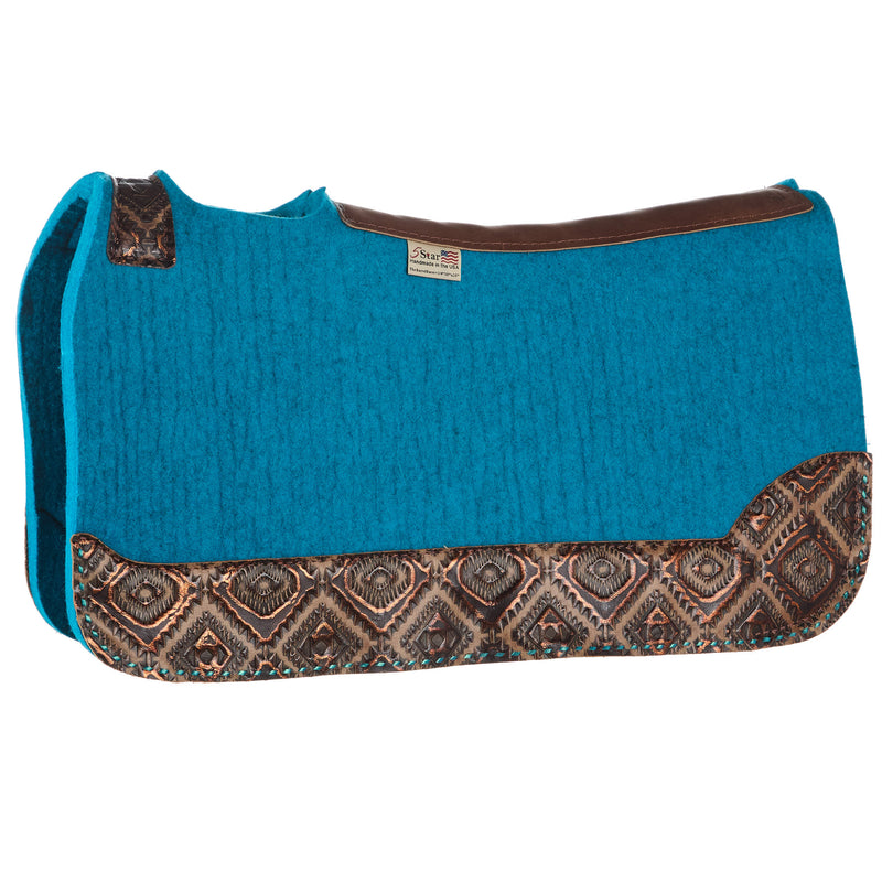 5 Star Equine Products Supplies Inc. 3/4in. 30x28 Barrel Racer Felt Saddle Pad Copper Aztec w/ Aqua Buckstitch