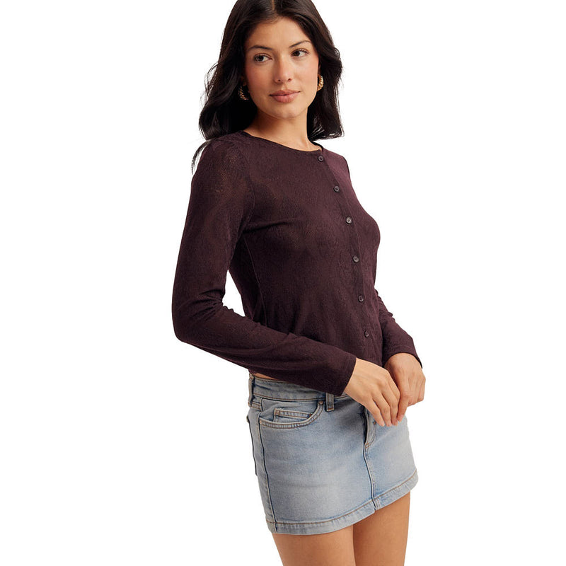 Hem And Thread Women's Eggplant Jacquard Button Cardigan