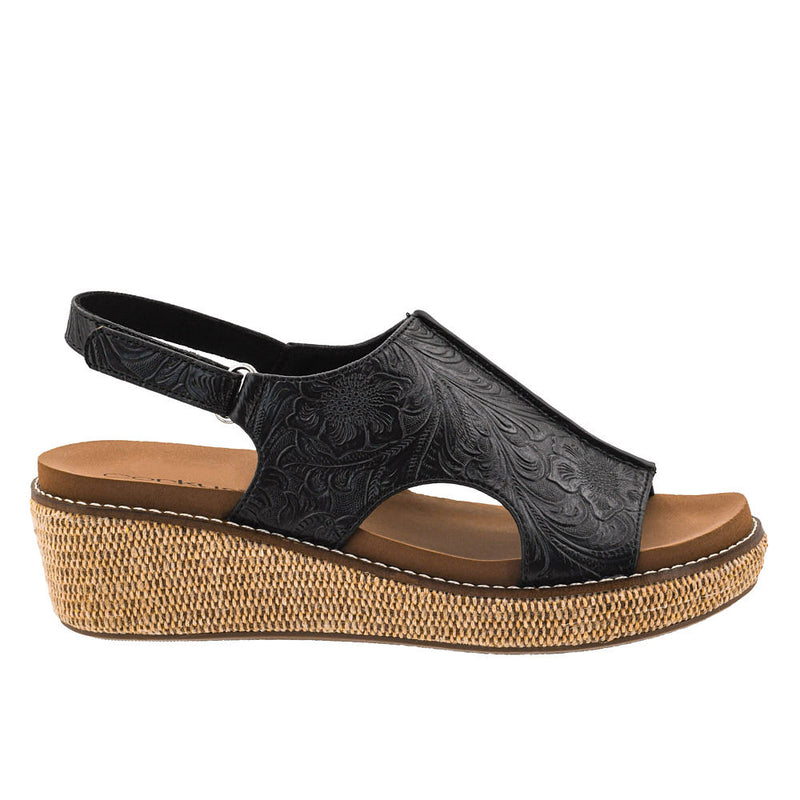 Corkys Footwear Women's Volta II Black Embossed Wedge Sandal
