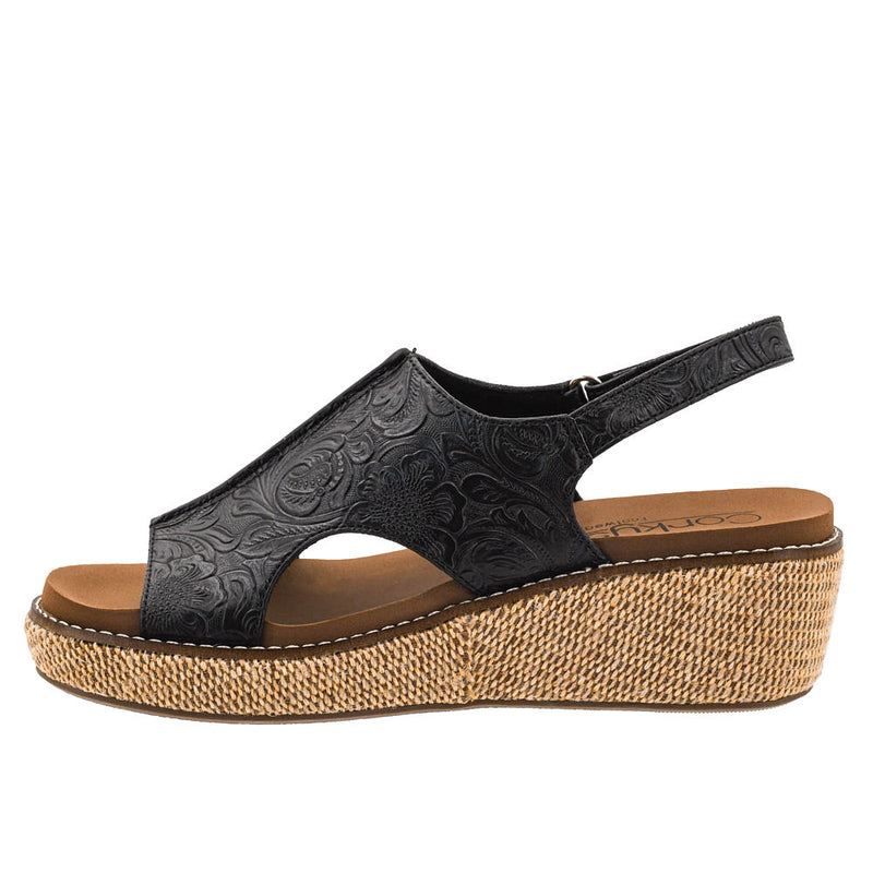 Corkys Footwear Women's Volta II Black Embossed Wedge Sandal