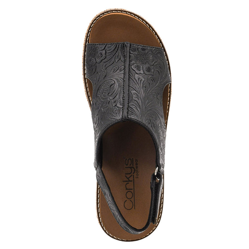 Corkys Footwear Women's Volta II Black Embossed Wedge Sandal