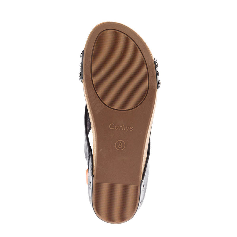 Corkys Footwear Women`s Corky Volta II Black Smooth Wedge Sandals