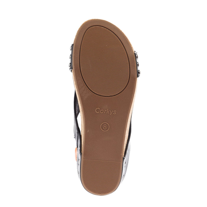 Corkys Footwear Women`s Corky Volta II Black Smooth Wedge Sandals
