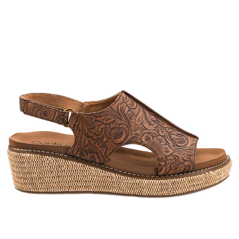 Corkys Footwear Women's Volta II Cognac Emboss Floral Wedge Sandal