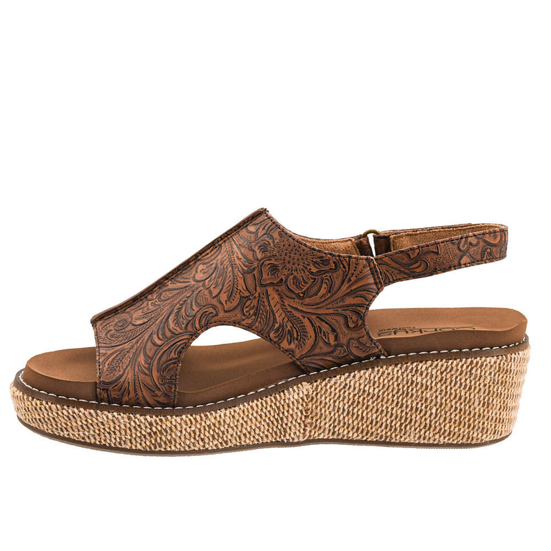 Corkys Footwear Women's Volta II Cognac Emboss Floral Wedge Sandal