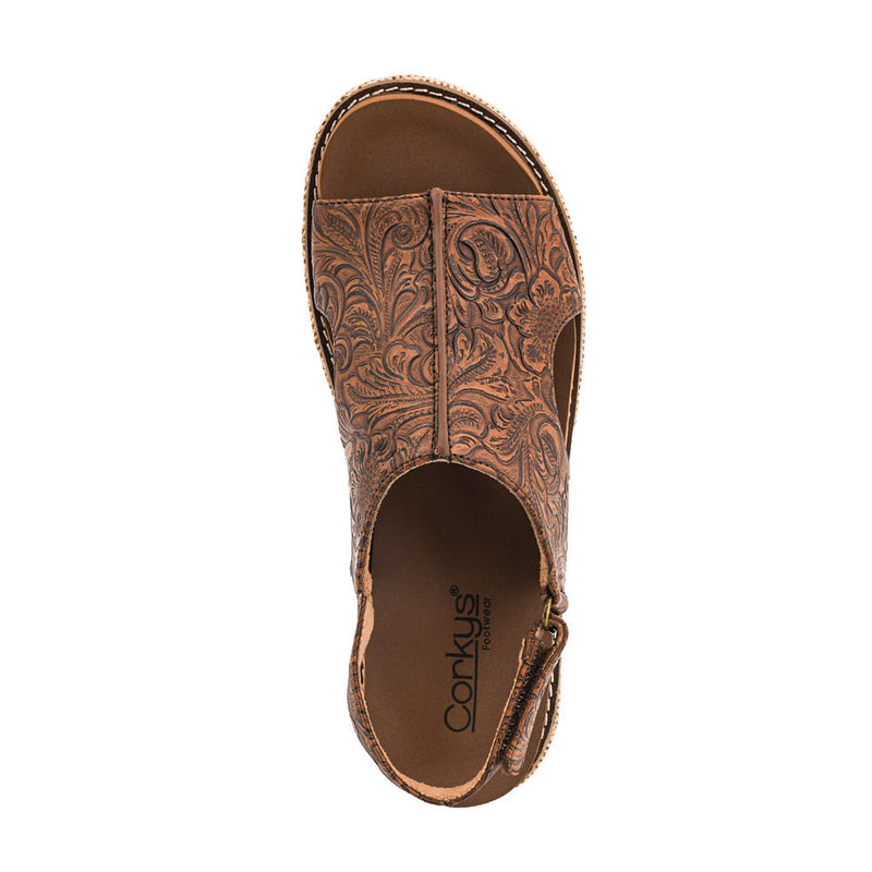 Corkys Footwear Women's Volta II Cognac Emboss Floral Wedge Sandal