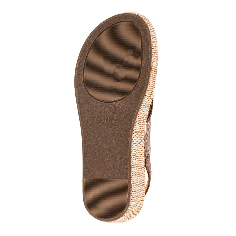 Corkys Footwear Women's Volta II Cognac Emboss Floral Wedge Sandal