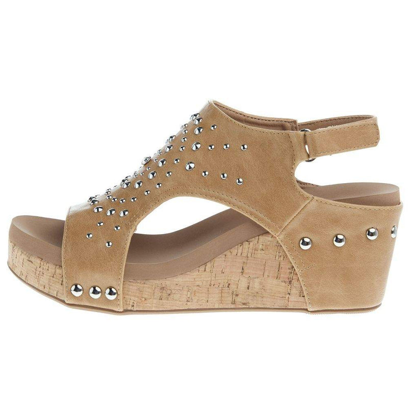 Corkys Footwear Women`s Docie Doe Caramel Studded Wedge Sandal
