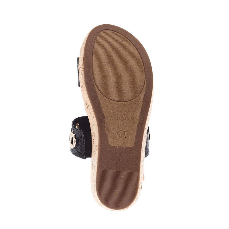 Corkys Footwear Women`s Hi Tide Black Two Strap Wedge Sandal