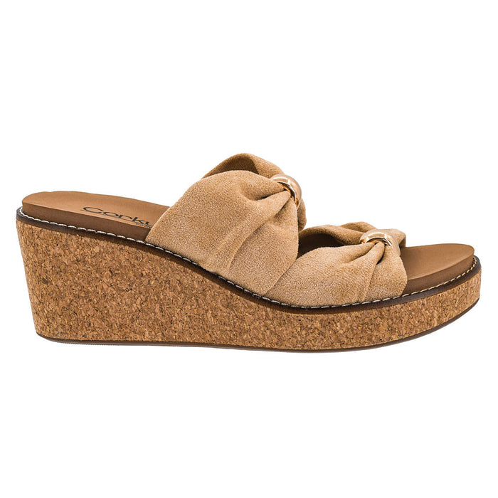 Corkys Footwear Women's Camel Faux Suede Miss Understood Wedge Sandal