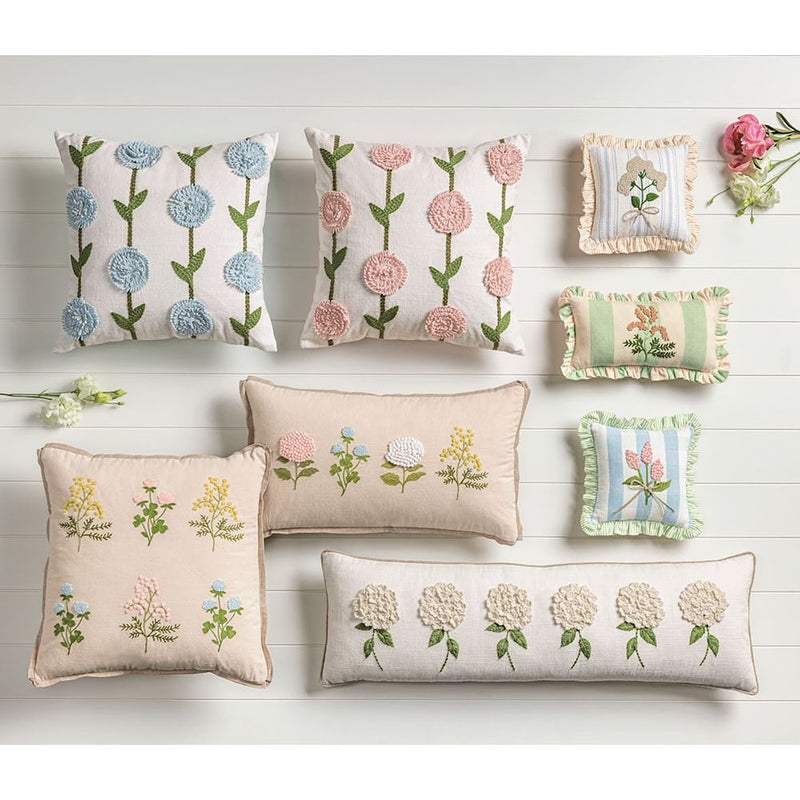 Mud Pie Blue Check Ruffle Floral Embroidered Pillow