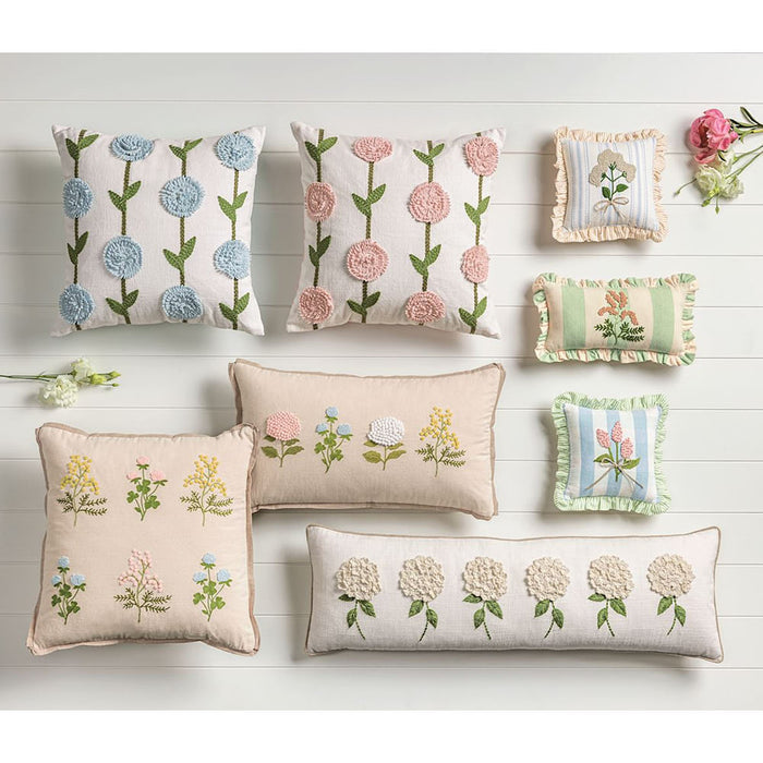 Mud Pie Blue Check Ruffle Floral Embroidered Pillow