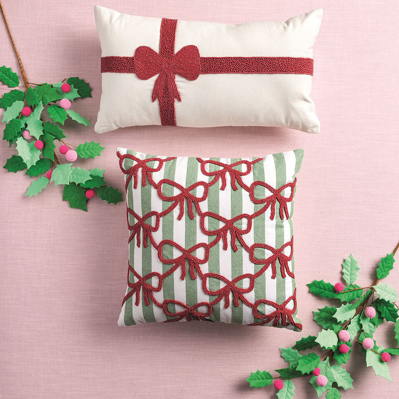 Mud Pie Christmas Bow Lumbar Beaded Pillow