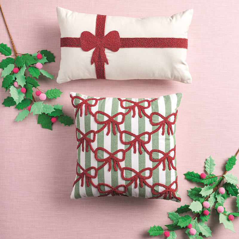 Mud Pie Square Christmas Bow Beaded Pillow
