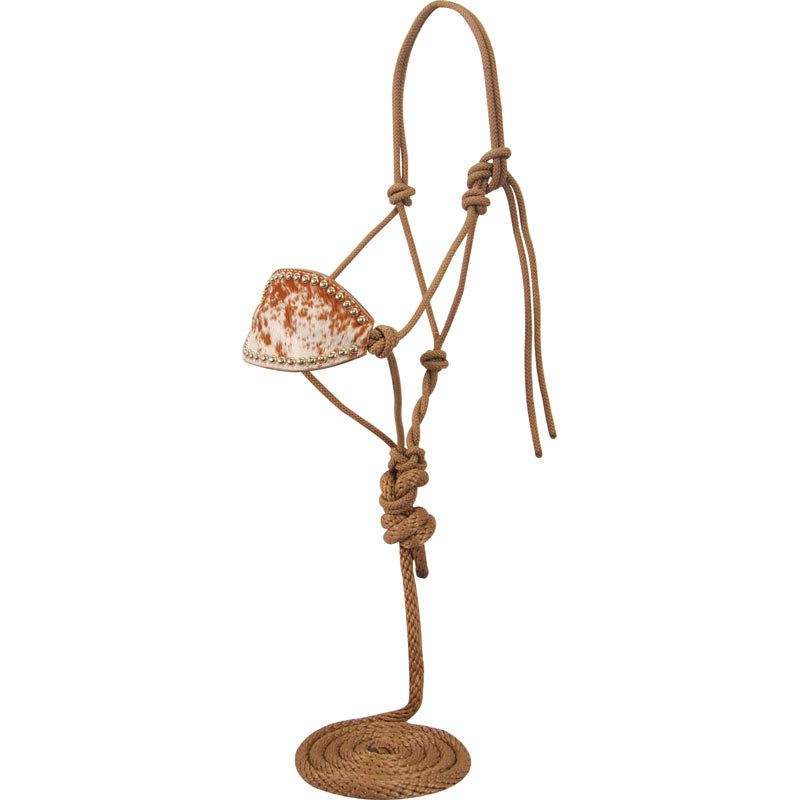 NRS Leather Bronc Nose Tan Rope Halter with Longhorn Hair Nose & Silver Dots