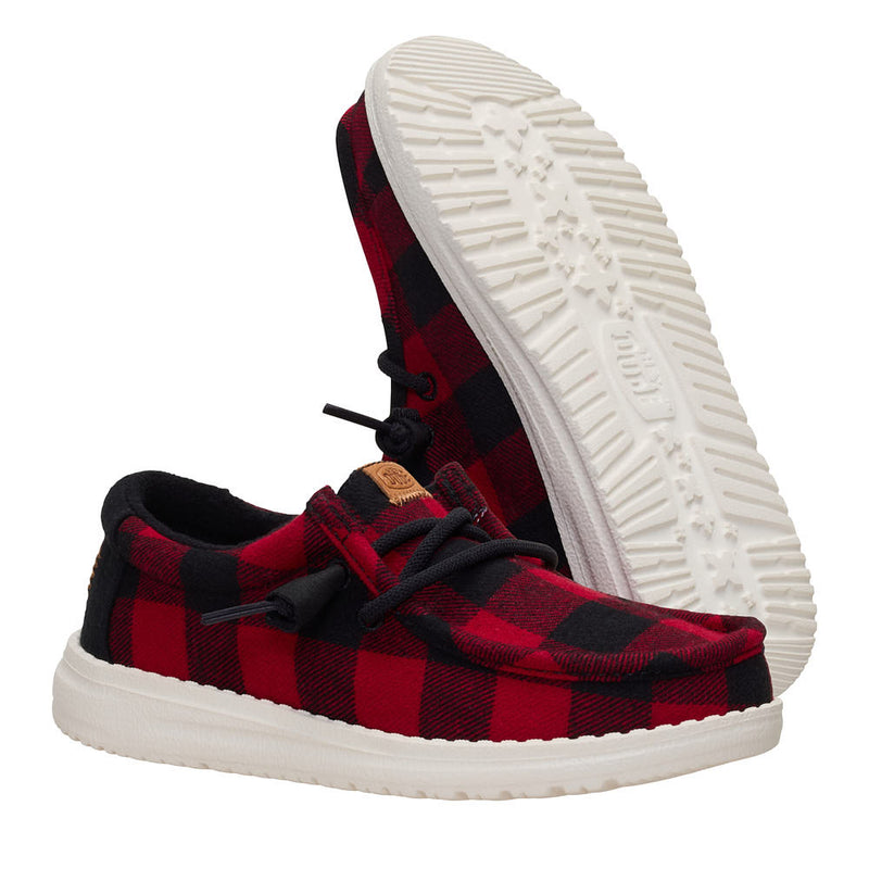 Hey Dude Youth Wally Buffalo Check Flame Scarlet and Black