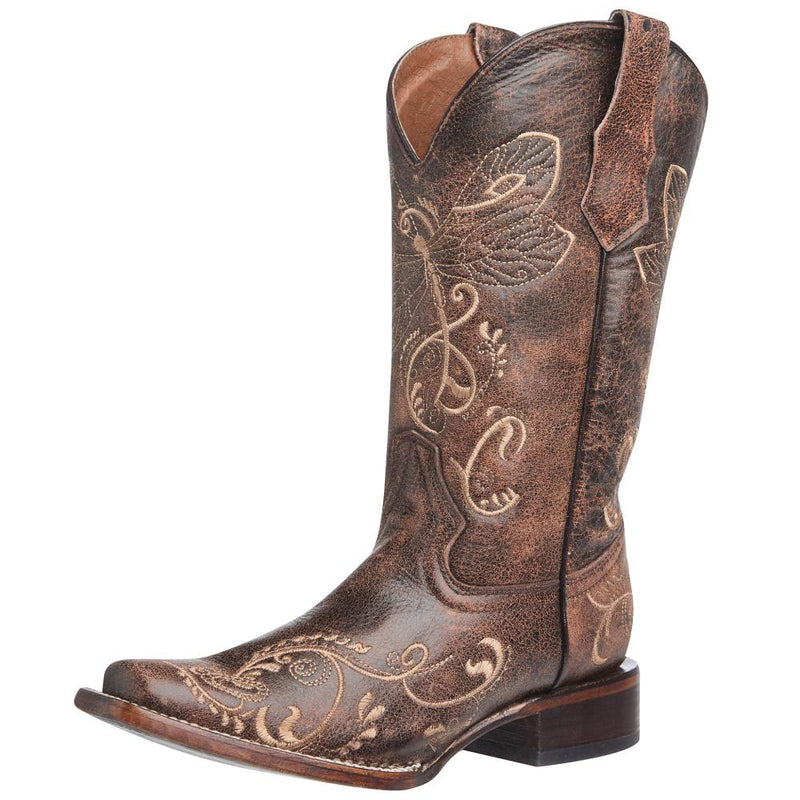 Women's Brown Crackle Dragon Fly Embroidery Cowgirl Boots