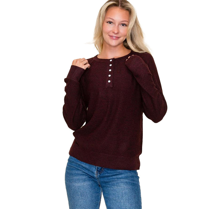 Staccato Women's Burgundy Long Sleeve Henley Pull Over