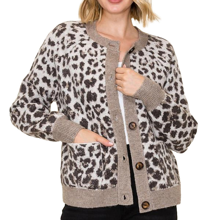 Staccato Women's Mocha Leopard Jacquard Cardigan