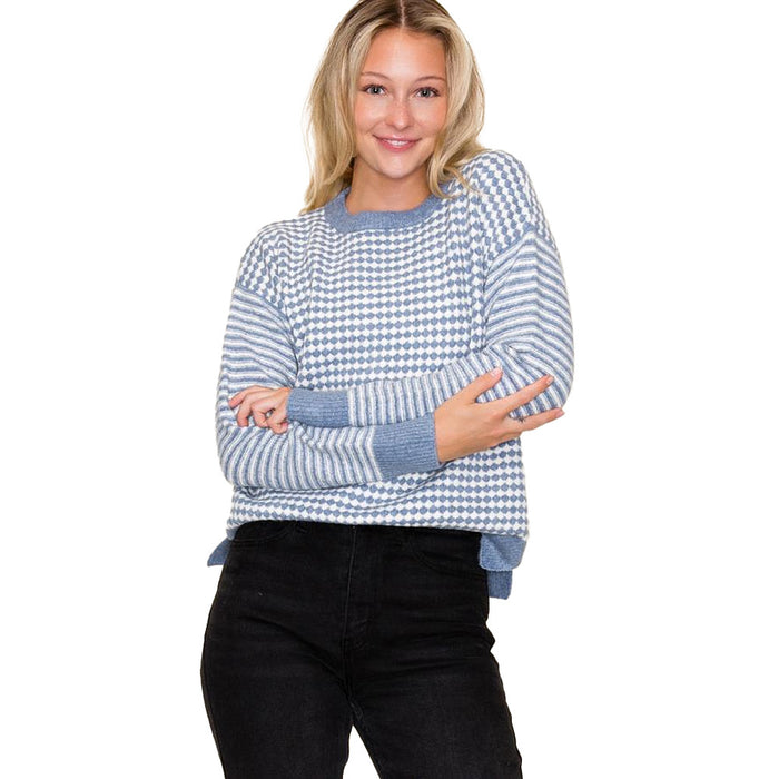 Staccato Women's Slate Blue Checkerboard Striped Top