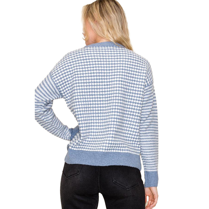 Staccato Women's Slate Blue Checkerboard Striped Top
