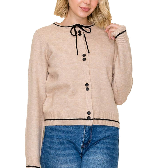 Staccato Women's Taupe Bow Neck Button Cardigan