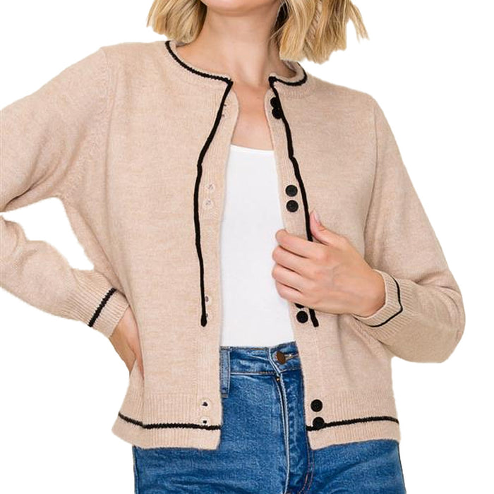 Staccato Women's Taupe Bow Neck Button Cardigan