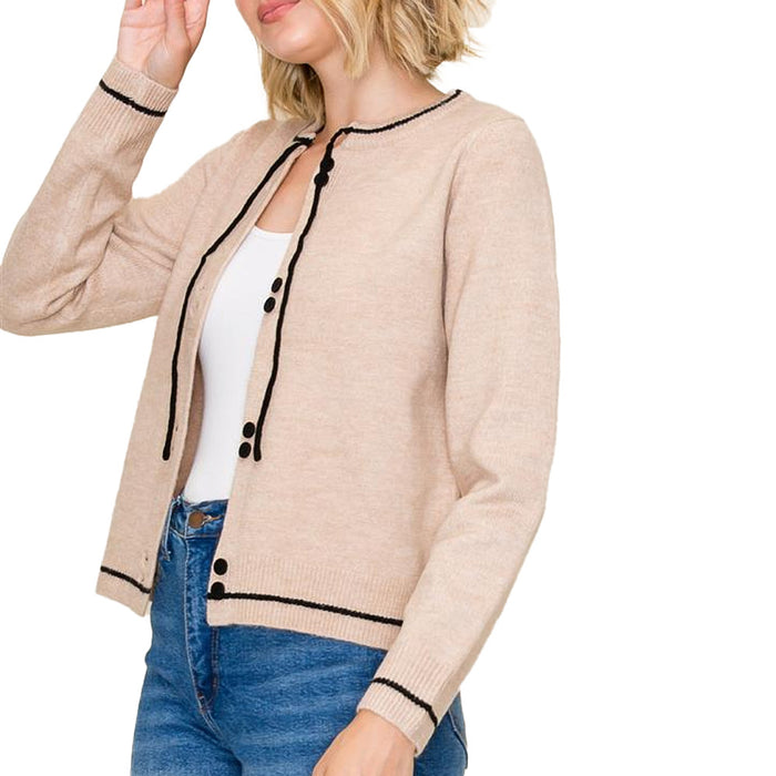 Staccato Women's Taupe Bow Neck Button Cardigan