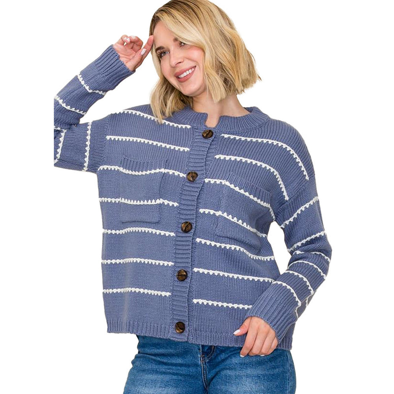 Staccato Women's Denim High Neck Textured Stripe Top