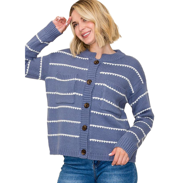 Staccato Women's Denim High Neck Textured Stripe Top