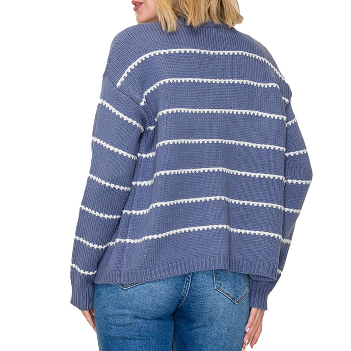 Staccato Women's Denim High Neck Textured Stripe Top