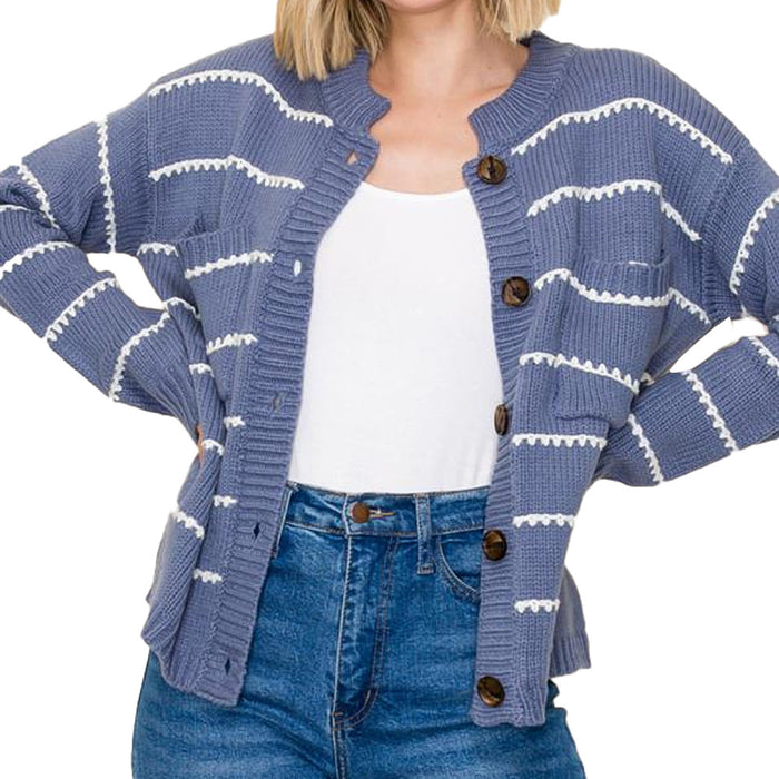 Staccato Women's Denim High Neck Textured Stripe Top