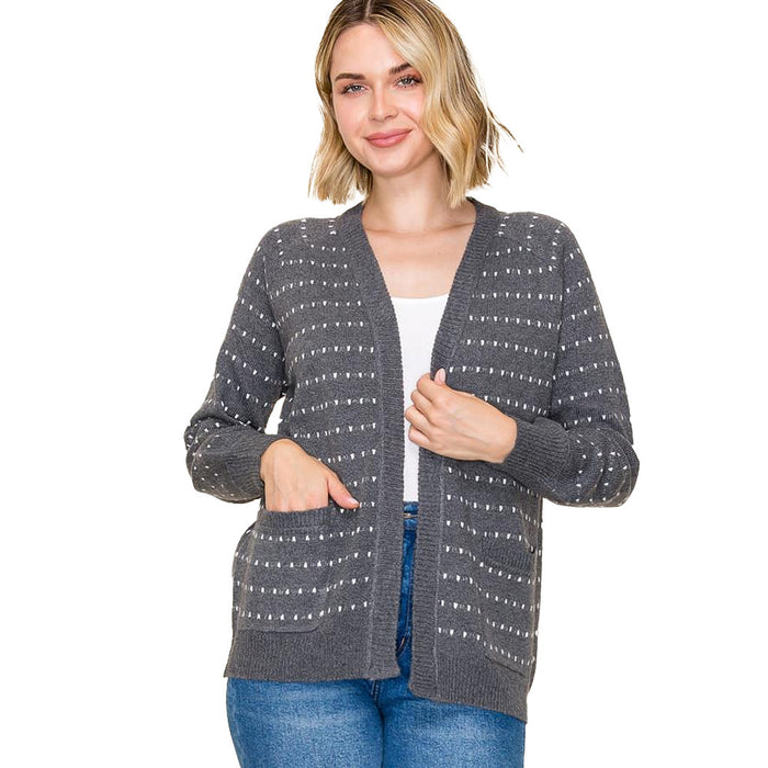 Staccato Women's Charcoal Dotted Striped Cardigan