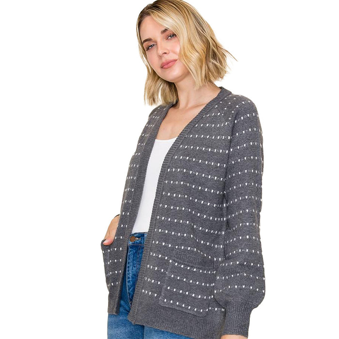 Staccato Women's Charcoal Dotted Striped Cardigan