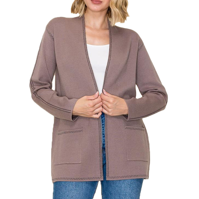 Staccato Women's Dark Mocha Stitched Trim Open Sweater