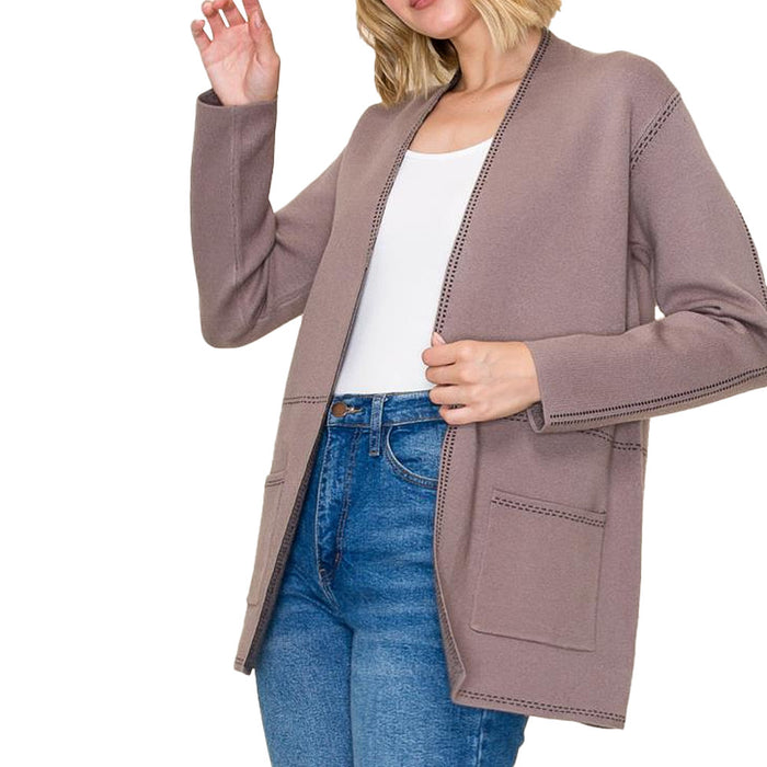 Staccato Women's Dark Mocha Stitched Trim Open Sweater