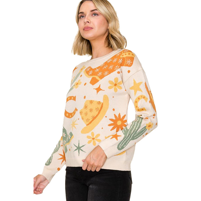 Staccato Women's Oatmeal Cowgirl Jacquard Pullover Sweater
