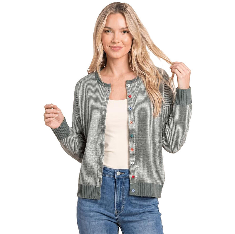 Staccato Women's Light Olive Button Crew Neck Cardigan
