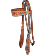 NRS Tooled Browband Headstall w/ Painted Turquoise Background