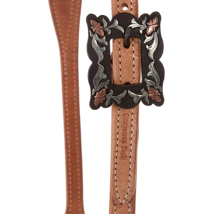 Cowperson Tack Natural Roughout 5/8in. Slot Ear Headstall with Copper Flower Scroll Cart Buckle