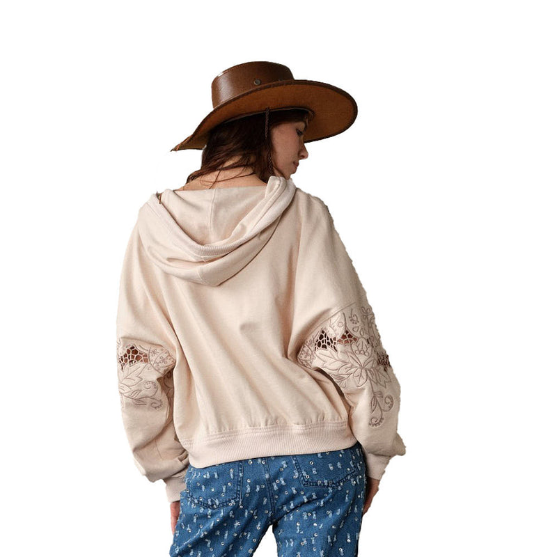 Blue B Women's Tan Floral Embroidered Zip Hoodie