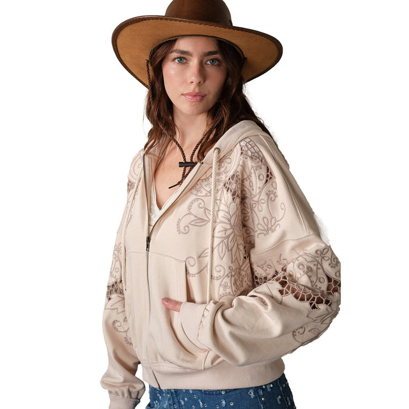Blue B Women's Tan Floral Embroidered Zip Hoodie