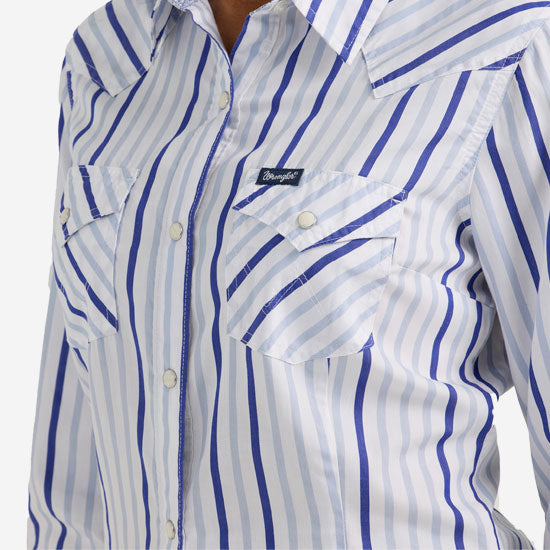 Wrangler Womens Blue Stripe Snap Shirt