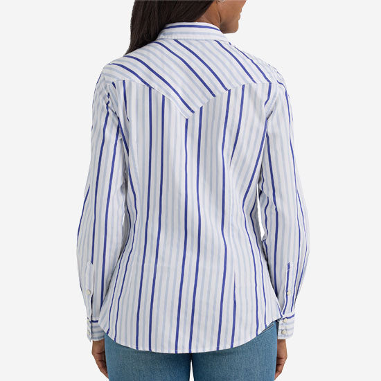 Wrangler Womens Blue Stripe Snap Shirt