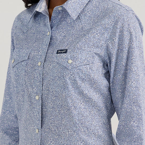 Wrangler Womens Floral Blue Western Long Sleeve Snap Shirt