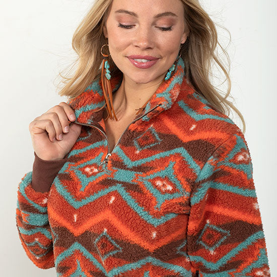 Rock & Roll Denim Burnt Orange Aztec Pullover