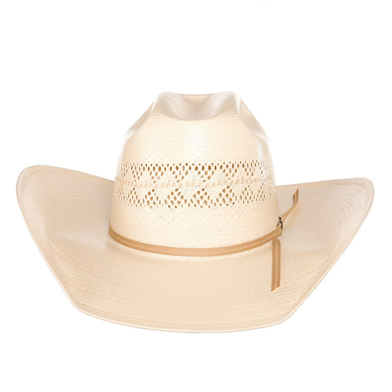 American Hats Solid Ivory and Tan Line Vent 4 1/4` Brim Champagne Band Straw Hat