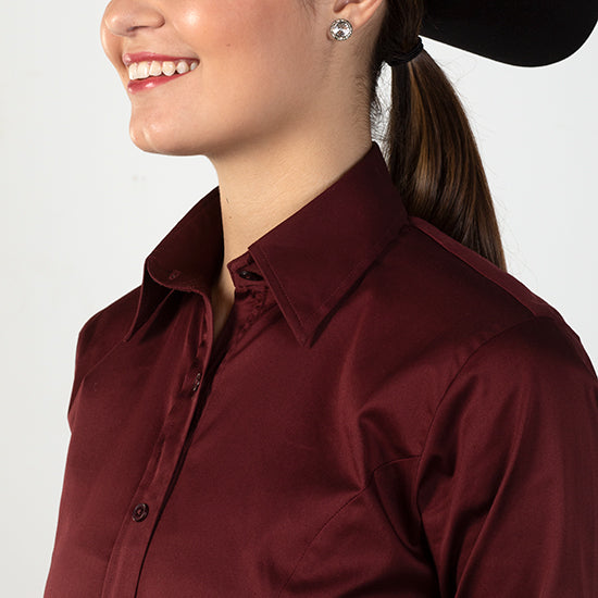 Royal  Highness Faux Button Zip Stretch Sateen Burgundy Show Top