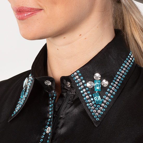 Royal  Highness Black Satin Faux Button Bling Show Top